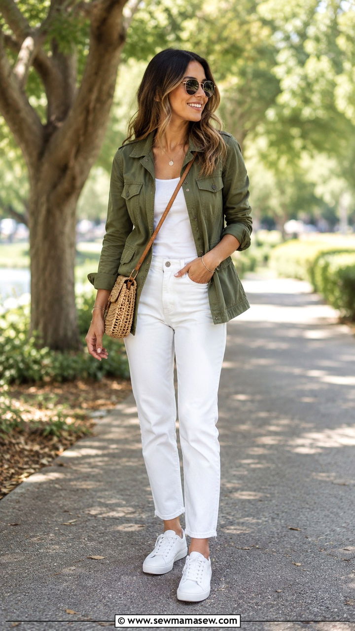 Green utility jacket with white jeans and sneakers - 30 spring utility jacket outfit ideas
