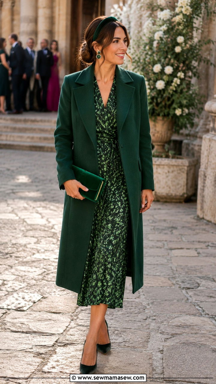 Green wool coat and printed midi dress outfit - 20 Quiet luxury outfit ideas Kate Middleton