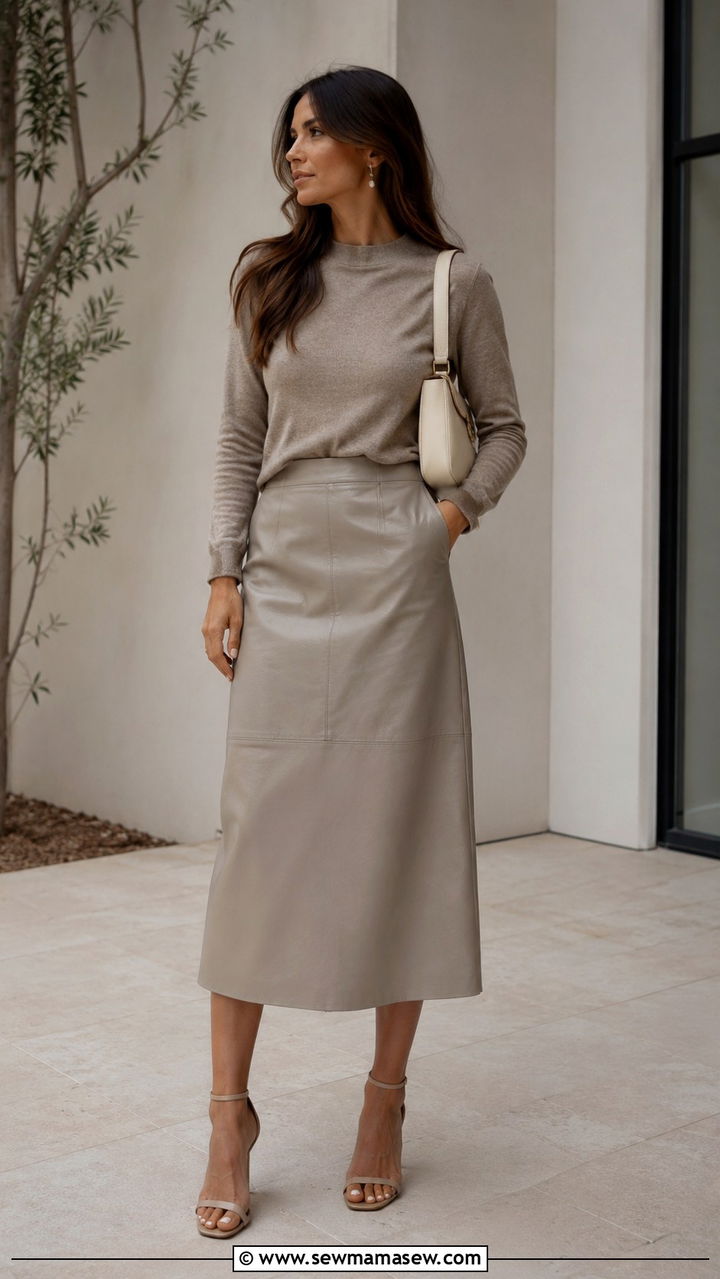 Greige Leather Midi Skirt With Monochrome Top And Minimalist Heels - 30 Leather skirt outfit ideas with heels
