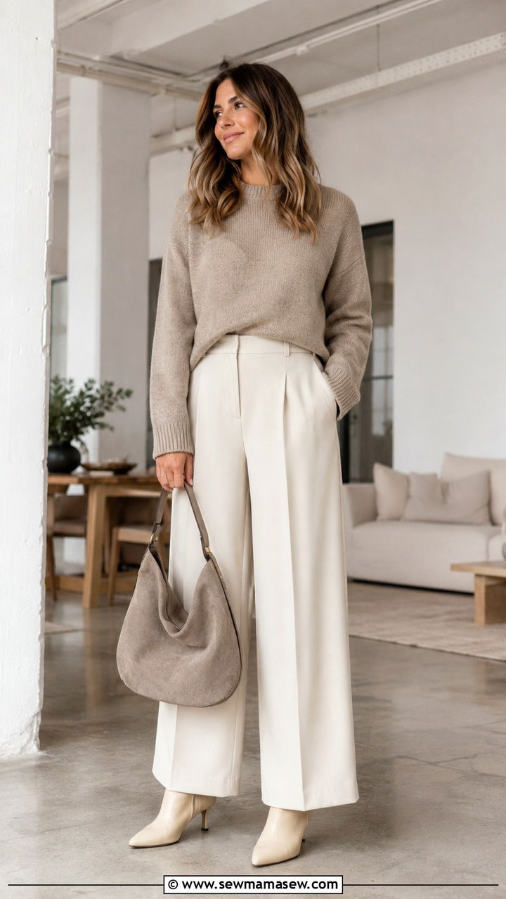 Greige knit sweater and ivory wide leg trousers outfit - 25 Quiet luxury minimalist outfit ideas