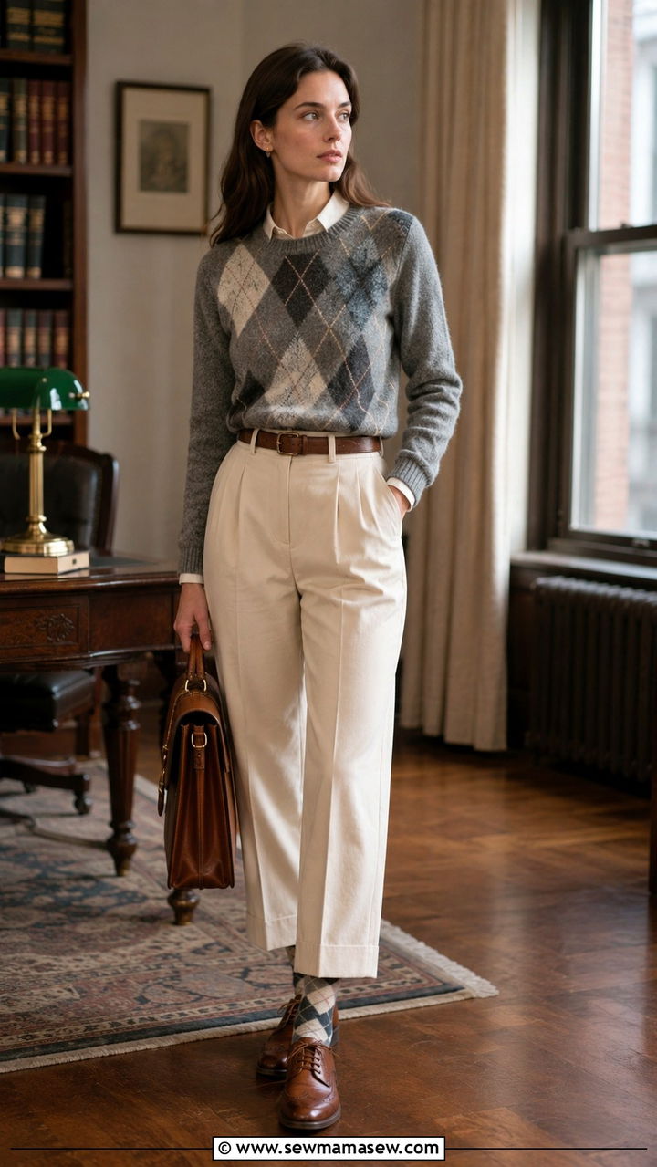 Grey Argyle Sweater with Cream Wool Trousers and Brogues - 25 Old money outfit ideas with argyle sweater