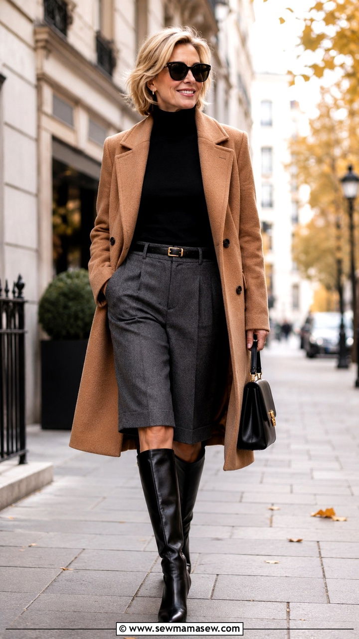 Grey Bermuda Shorts With a Black Turtleneck and Knee High Boots - 25 bermuda shorts outfits for women over 40