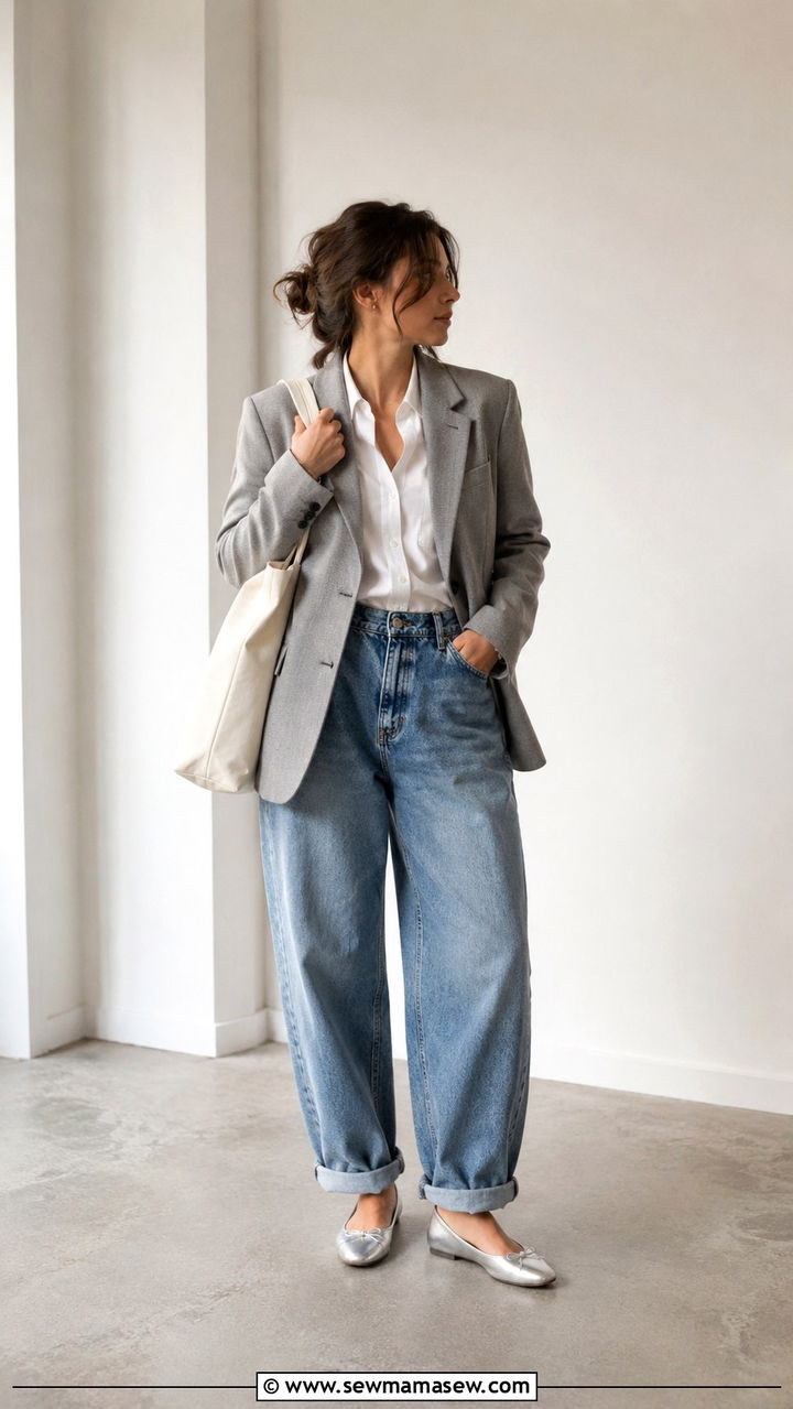 Grey Blazer With High Waisted Baggy Jeans - 30 High waisted jeans outfit ideas with a blazer