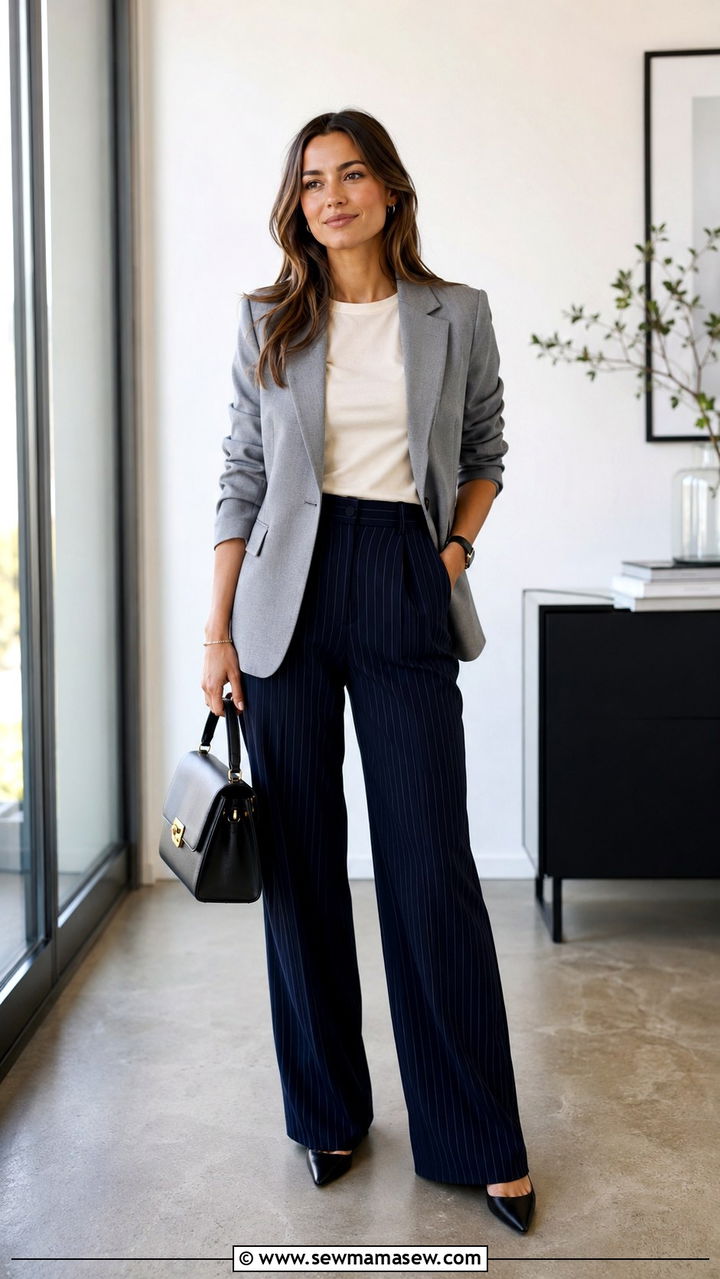 Grey Blazer With Striped Wide Leg Trousers - 30 Early spring outfits