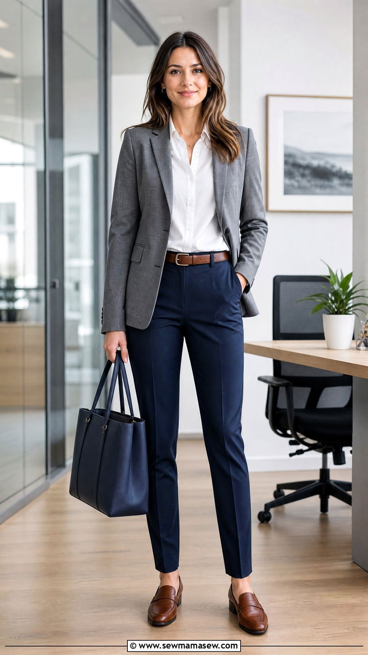 Grey Blazer With White Shirt and Navy Trousers - 35 Minimalist work outfits
