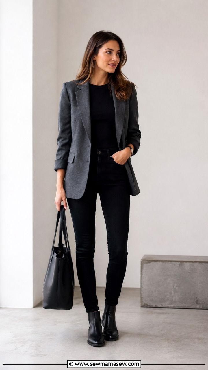 Grey Blazer with Black Jeans and Chelsea Boots - 25 Black jeans outfit ideas with a blazer
