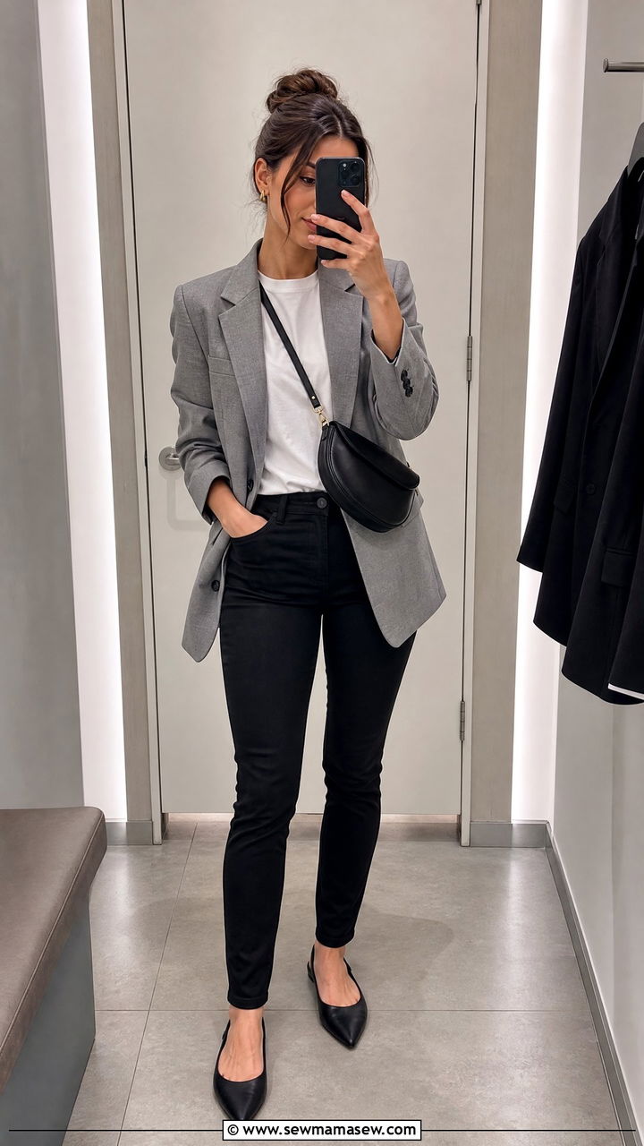 Grey Blazer with White Tee and Black Skinny Jeans Outfit - 30 Retail work outfit ideas