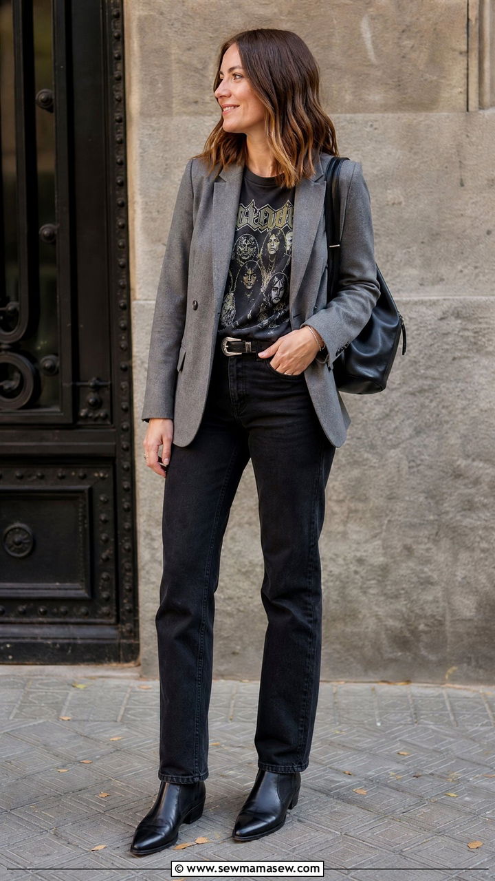 Grey Blazer with a Graphic Tee and Black Straight Leg Jeans - 30 casual outfits for women over 30