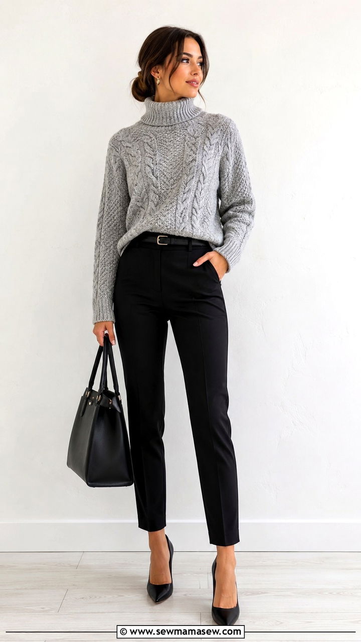 Grey Cable Knit Turtleneck with Black Tailored Trousers - 25 Old money outfit ideas with cable knit