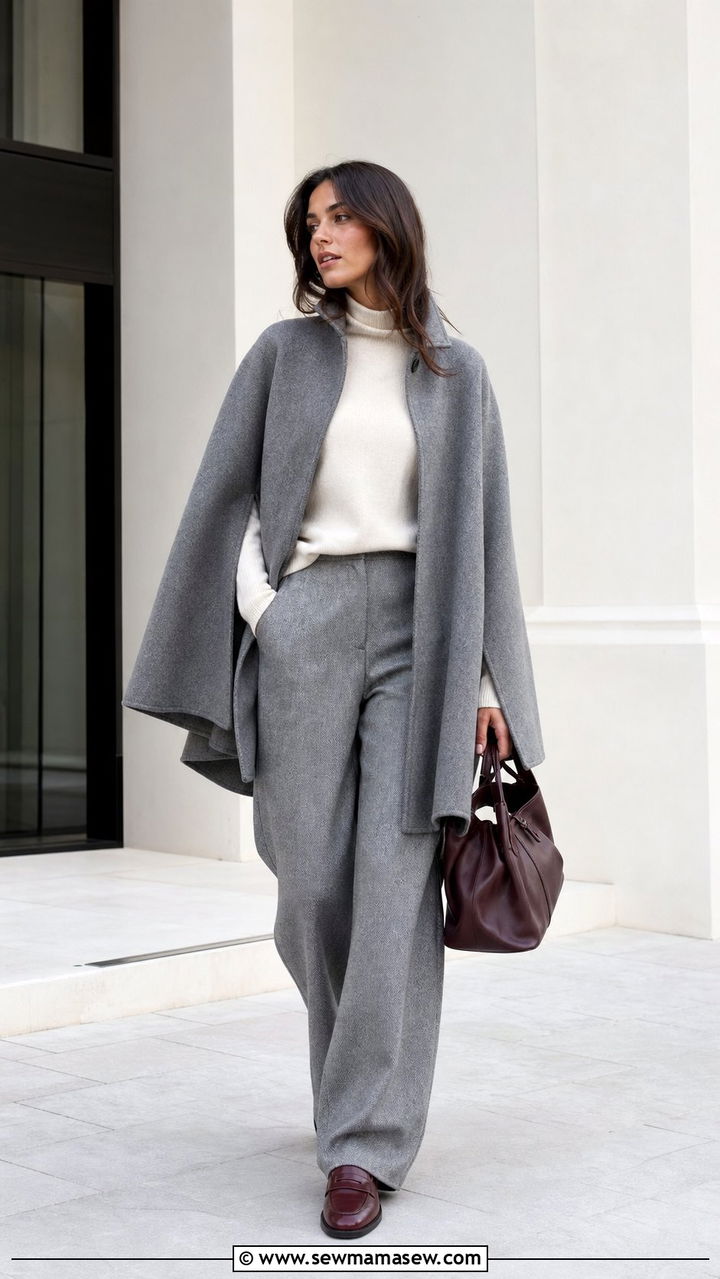 Grey Cape Coat with Wide Leg Trousers and Loafers - 35 Cape coat outfit ideas