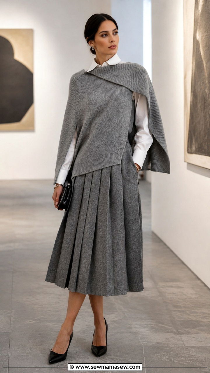 Grey Cape Like Knit Over White Shirt With Pleated Wool Skirt - 20 Quiet luxury outfit ideas Gwyneth Paltrow