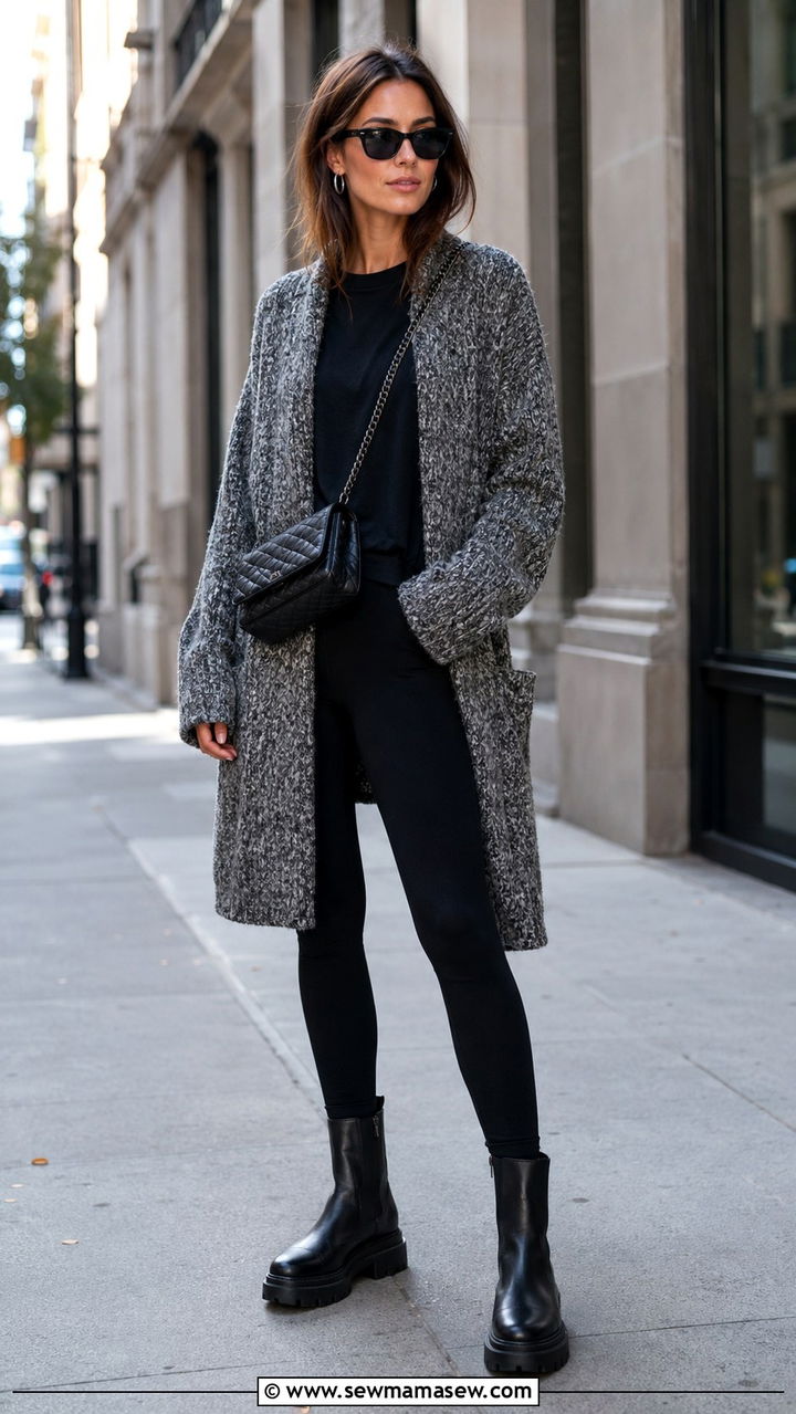 Grey Cardigan Coat and Black Leggings - 30 model off duty outfits for women