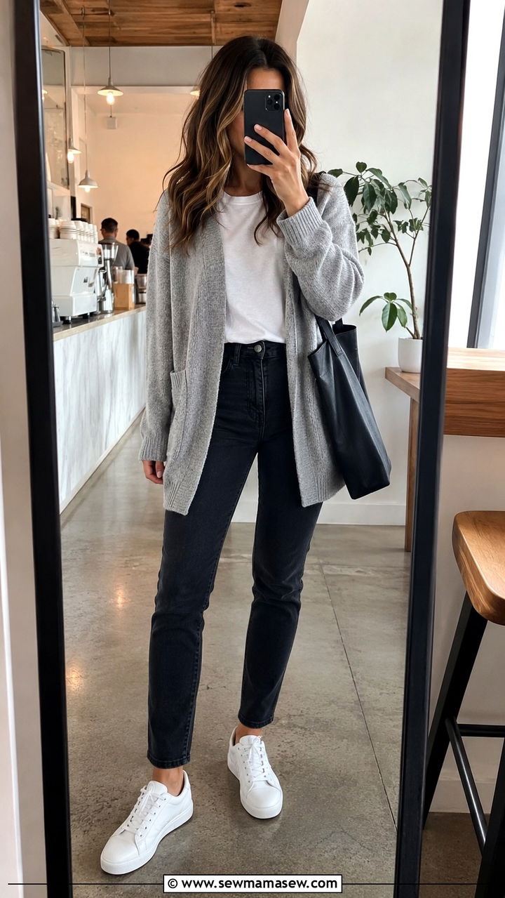 Grey Cardigan With Black Jeans And White Tee - 25 Black jeans outfit ideas with a cardigan