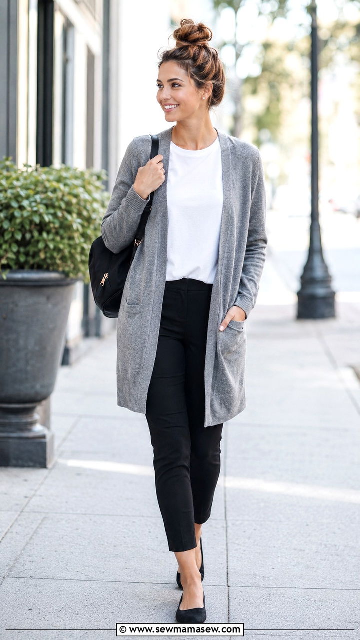 Grey Cardigan With White Tee And Black Pants Outfit - 30 casual business casual outfits