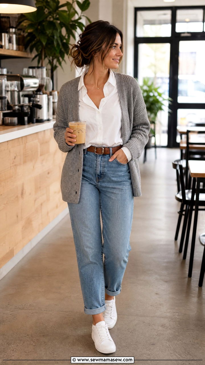 Grey Cardigan and White Shirt with Jeans - 25 librarian core outfits aesthetic