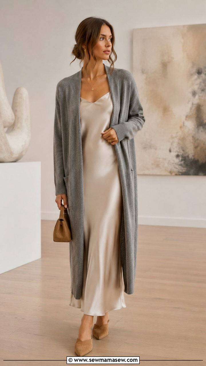 Grey Cashmere Cardigan With Slip Dress Outfit - 30 casual quiet luxury outfits