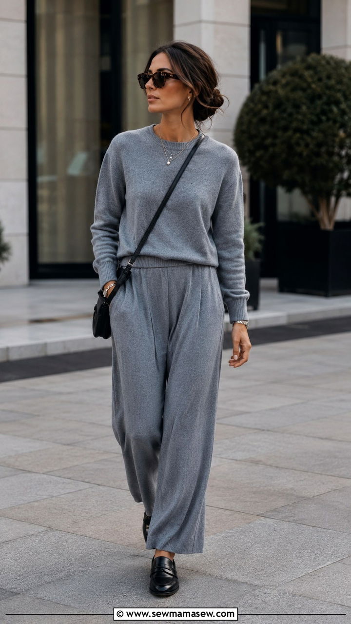 Grey Cashmere Co Ord Set with Loafers - 20 Quiet luxury outfit ideas Brunello Cucinelli style