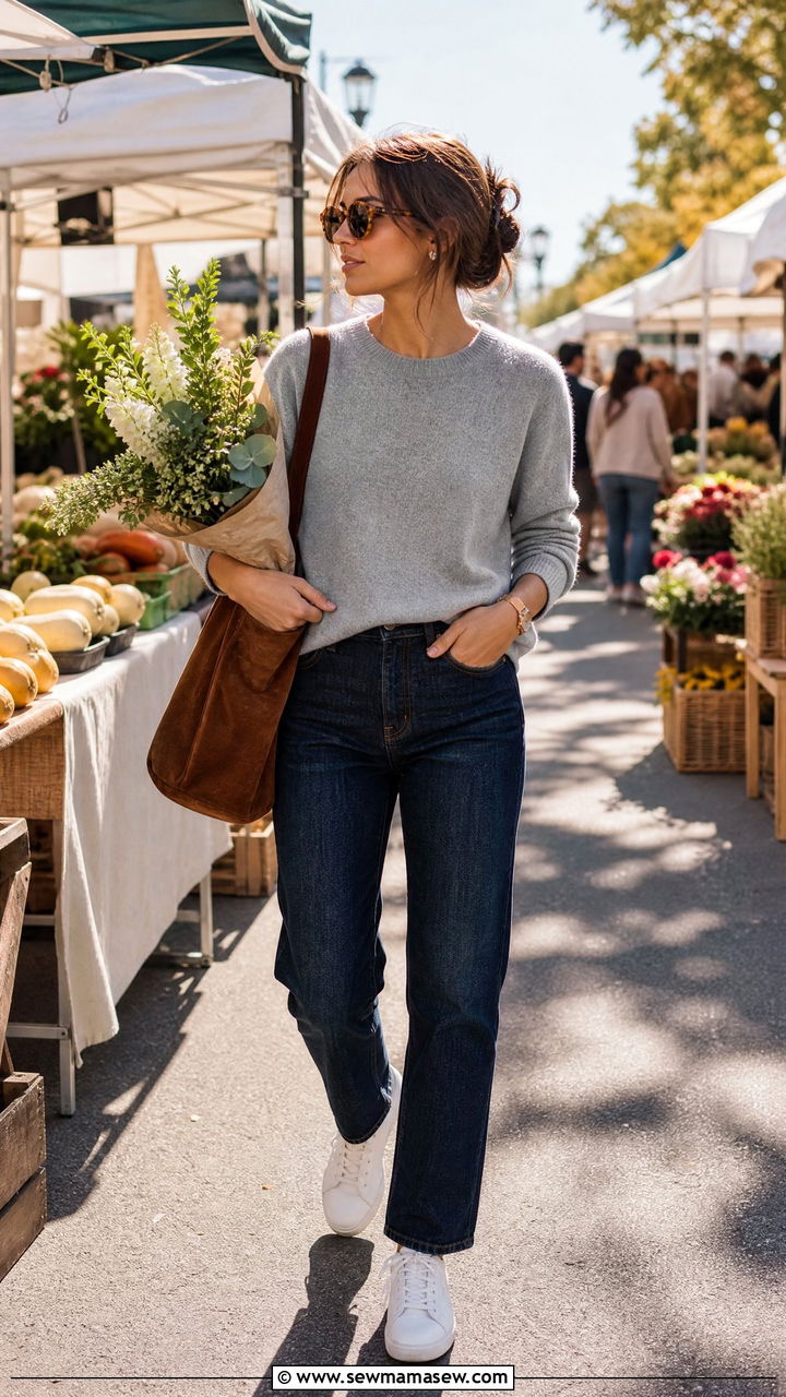Grey Cashmere Crewneck With Dark Denim Outfit - 25 Quiet luxury dupes outfit ideas