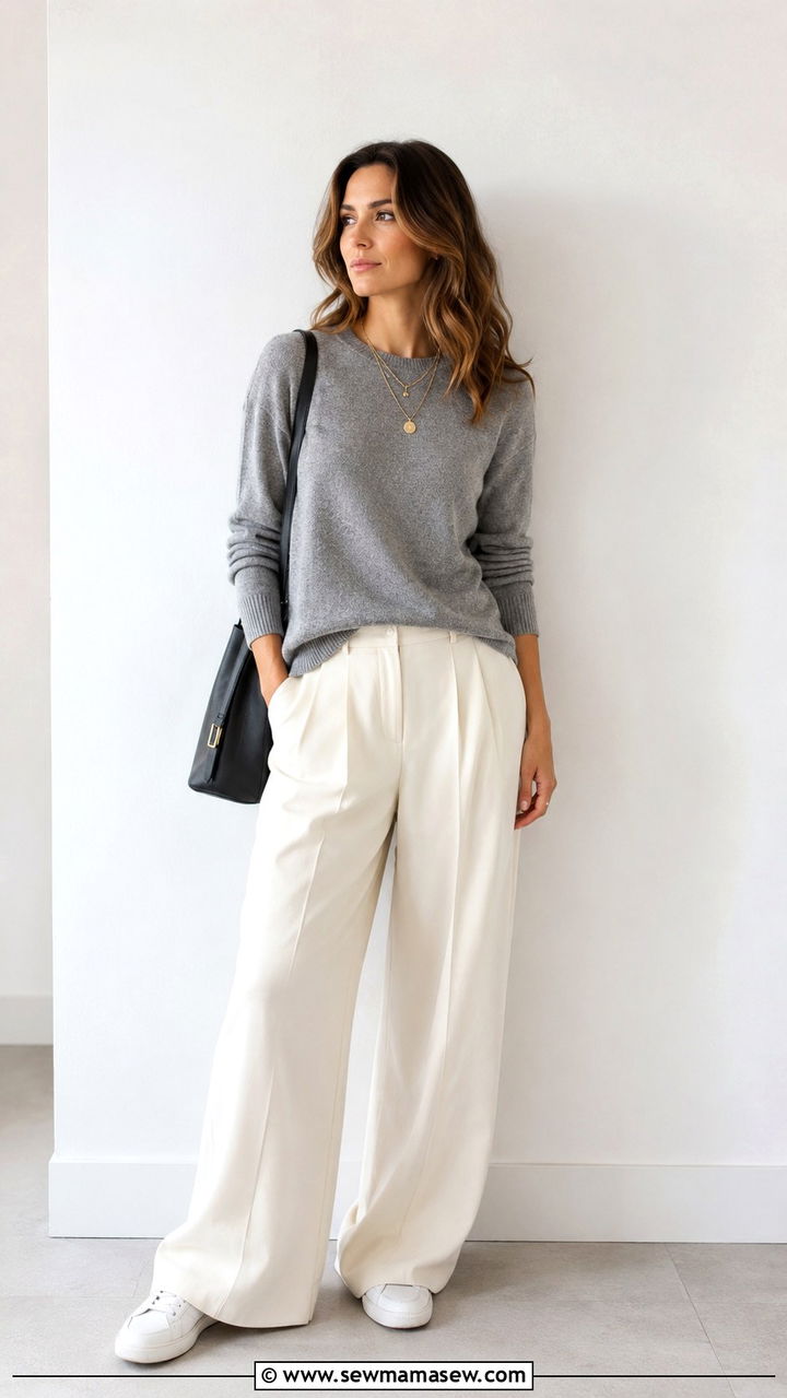 Grey Cashmere Crewneck With Ivory Wide Leg Trousers - 20 Quiet luxury The Row dupes outfit ideas