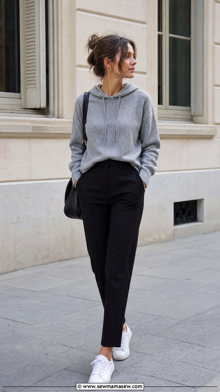 Grey Cashmere Hoodie and Tailored Pants - 30 french girl capsule wardrobe outfits