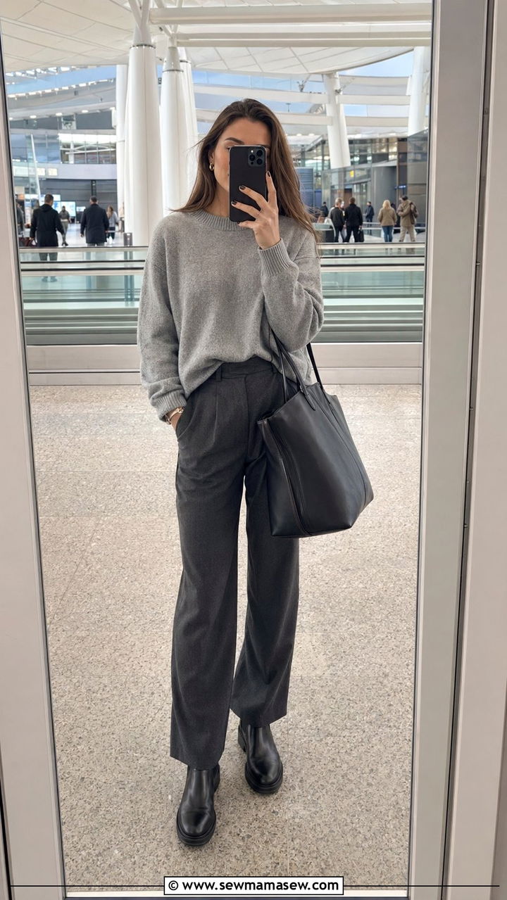 Grey Cashmere Sweater And Charcoal Trousers - 35 Airport outfit ideas old money