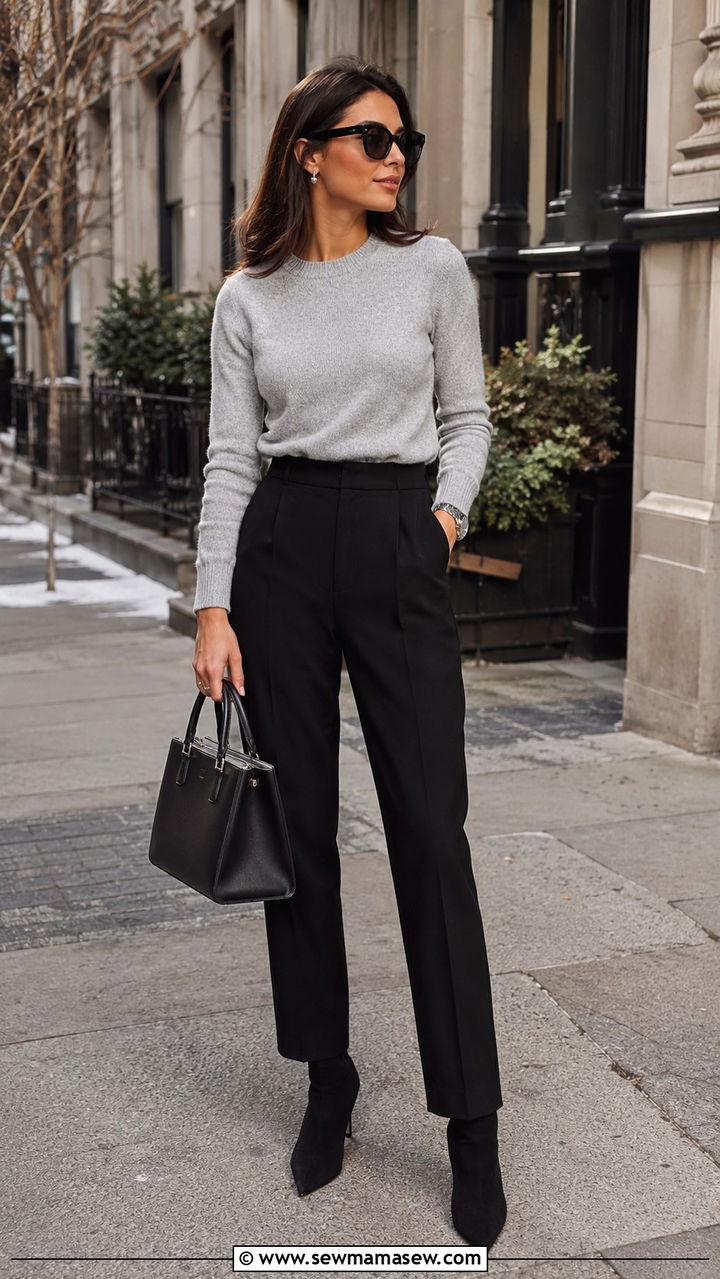 Grey Cashmere Sweater With Black Suede Boots - 30 Quiet luxury outfit ideas 2026