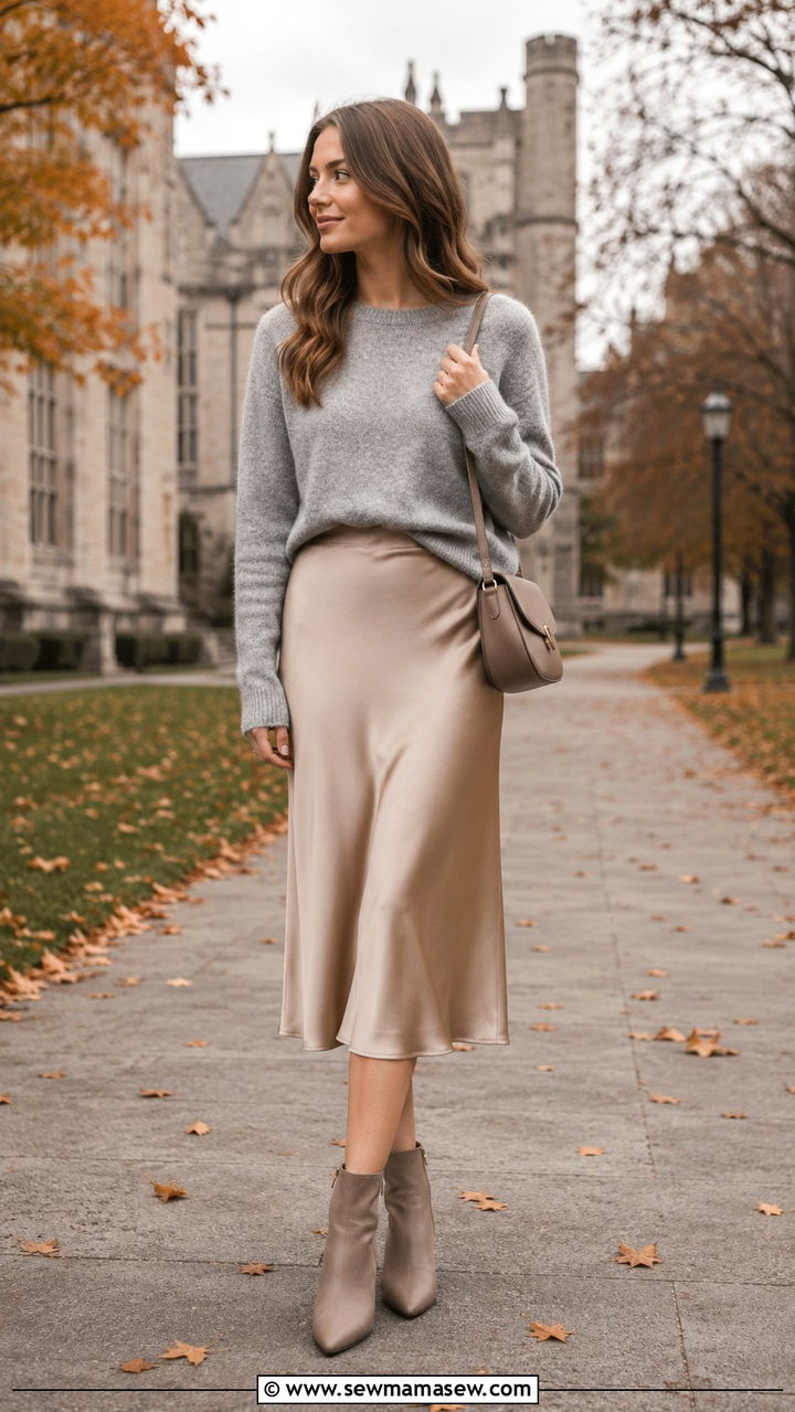 Grey Cashmere Sweater With Silk Midi Skirt And Ankle Boots - 30 classy college outfits