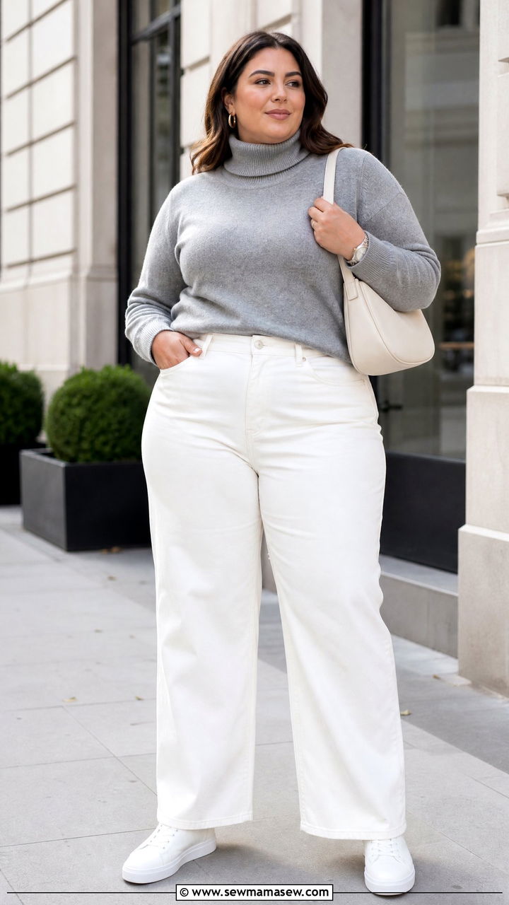 Grey Cashmere Turtleneck With White Wide Leg Jeans and Sneakers - 25 Plus size outfit ideas clean girl