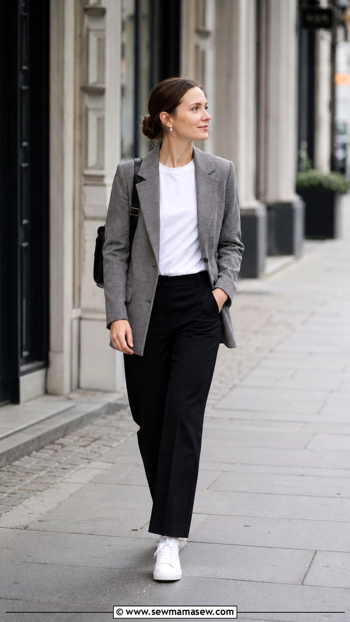 Grey Check Blazer With White Tee - 30 Scandi minimalist outfit ideas