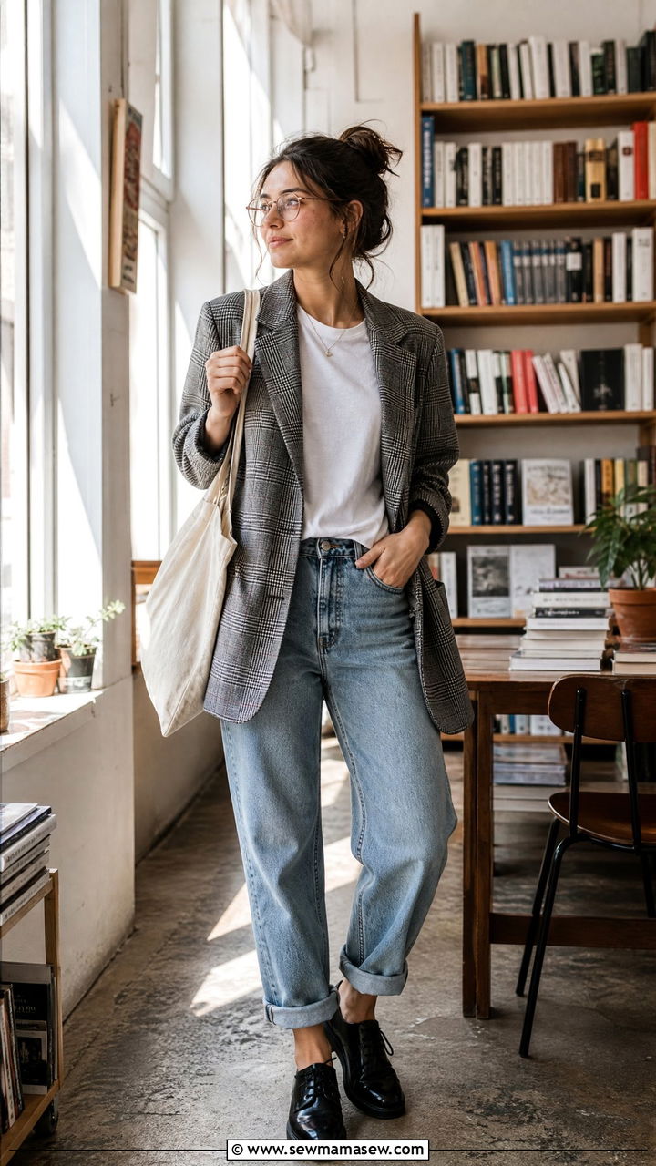 Grey Checked Blazer With White T Shirt and Cuffed Boyfriend Jeans - 25 Caroline de Maigret outfit ideas