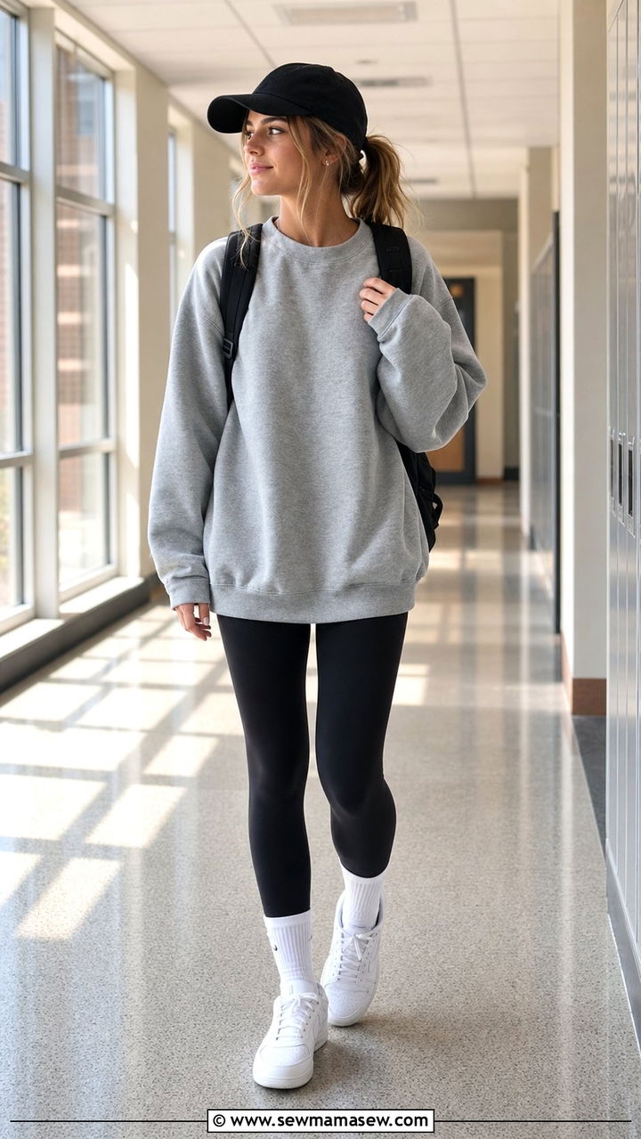 Grey Crewneck Sweatshirt and Black Leggings - 25 Clean girl outfit ideas for school