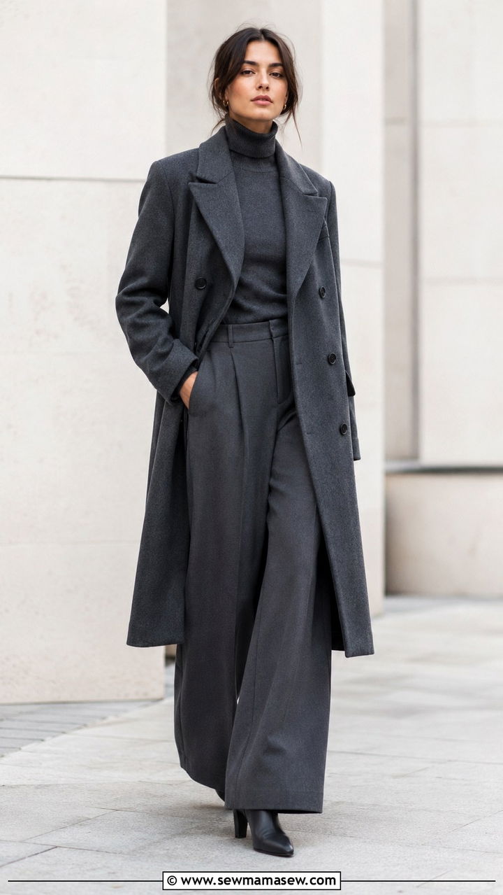 Grey Double Breasted Coat with Turtleneck and Wide Leg Trousers - 30 Double breasted coat outfit ideas