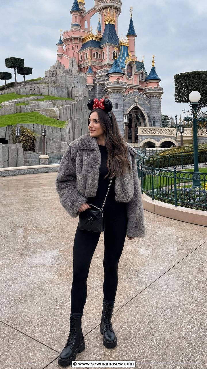 Grey Faux Fur Jacket and All Black Cozy Chic Look - 30 Disneyland Paris outfit ideas