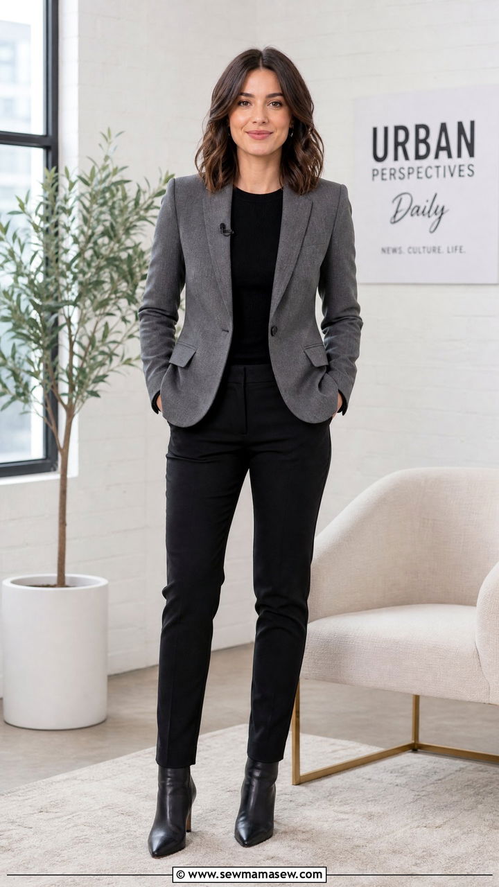 Grey Fitted Blazer with Black Pants - 25 Journalist outfit ideas
