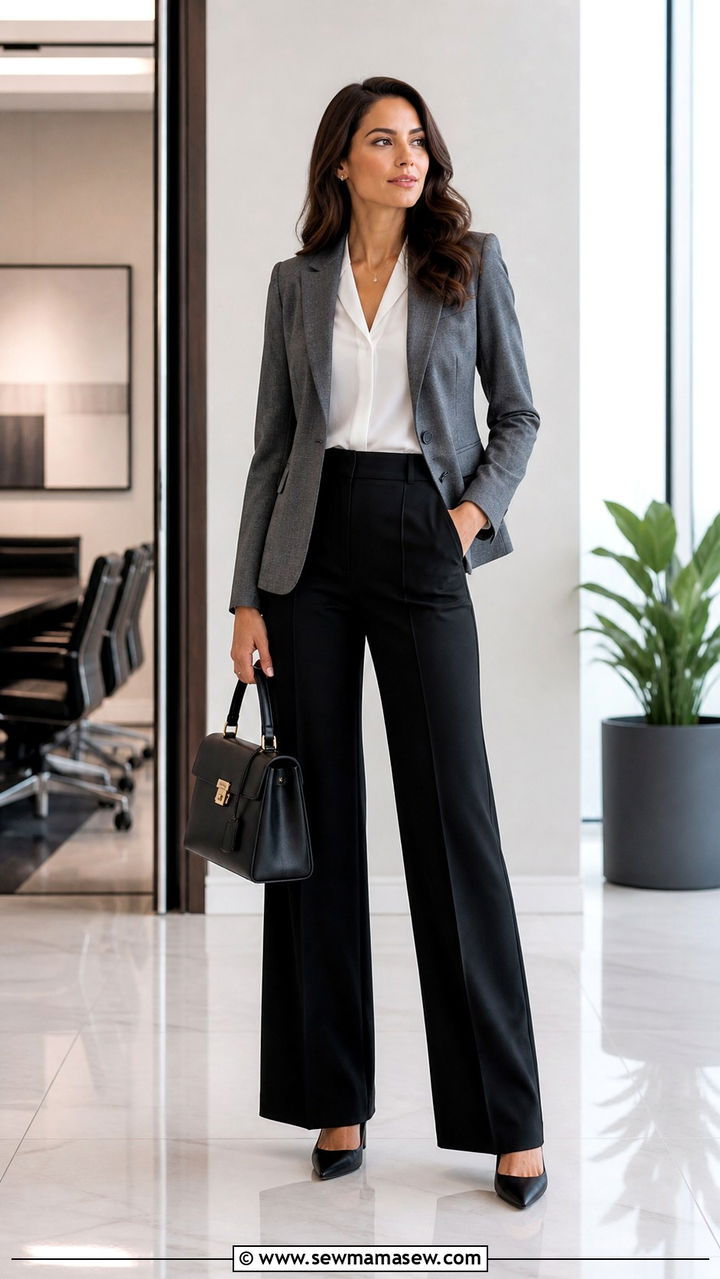 Grey Fitted Blazer with Black Wide Leg Pants - 40 Corporate outfit ideas