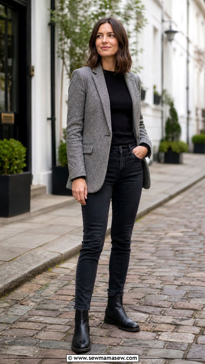 Grey Herringbone Blazer With Dark Jeans And Chelsea Boots - 40 casual blazer outfits