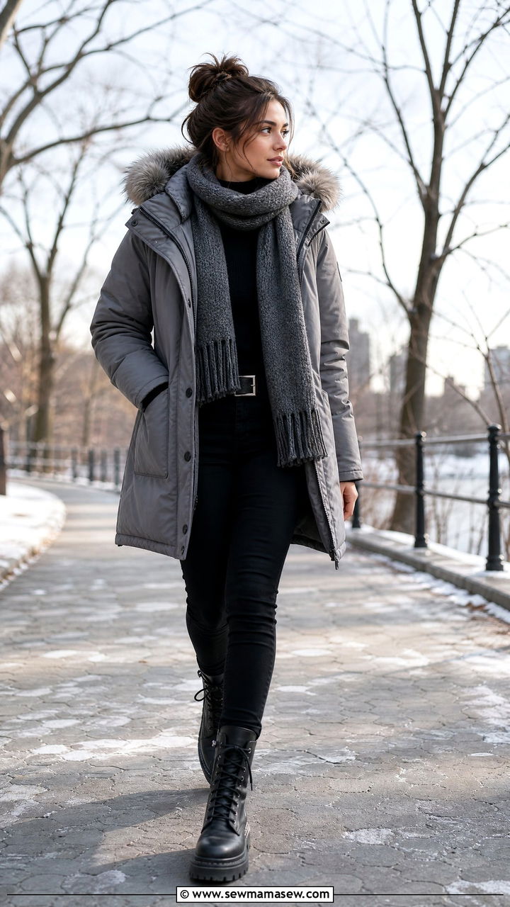Grey Hooded Parka With Black Skinny Jeans And Combat Boots - 35 Hooded coat outfit ideas
