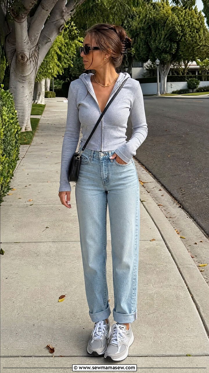 Grey Hoodie With Light Wash Straight Jeans And Grey Sneakers - 30 clean girl outfits ideas