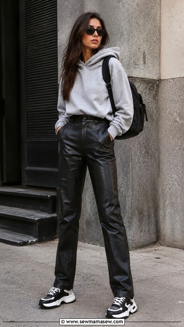 Grey Hoodie and Black Leather Trousers - 30 model off duty outfits for women
