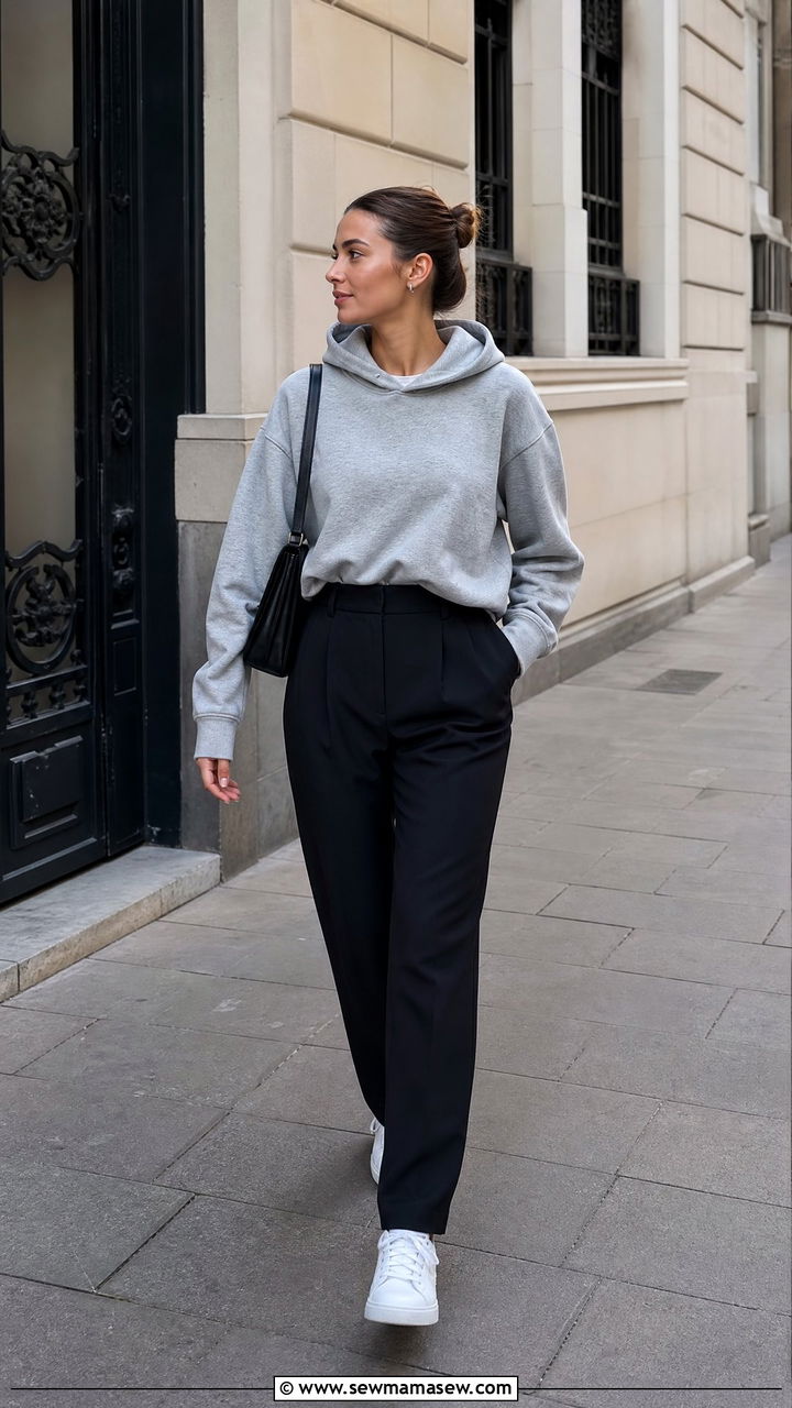 Grey Hoodie and Tailored Trousers Outfit - 30 clean girl outfits to copy