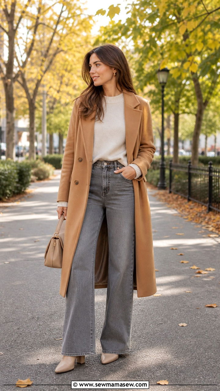 Grey Jeans With Camel Coat And Ankle Boots - 40 Colored jeans outfit ideas