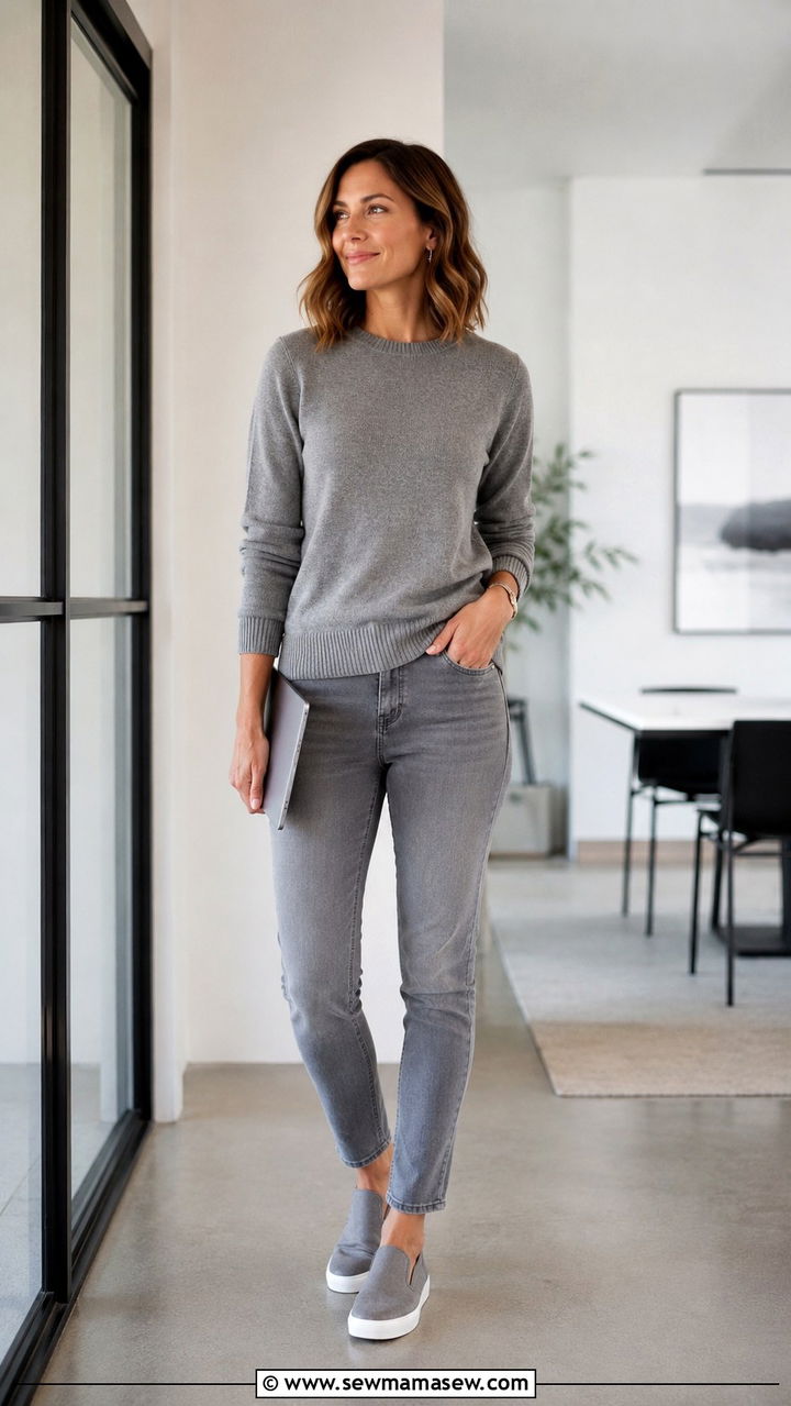 Grey Jeans With Matching Knit And Slip On Sneakers - 25 Work outfits with sneakers and jeans