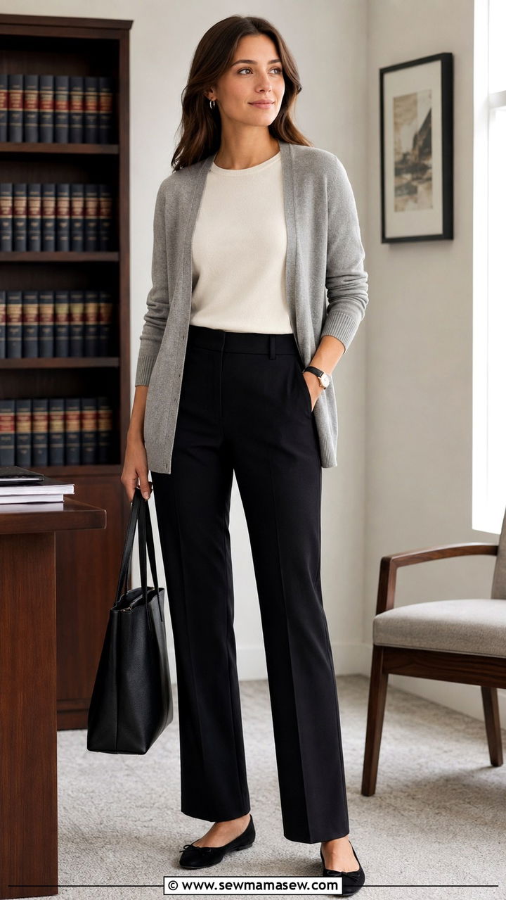 Grey Knit Cardigan with Black Pants Outfit - 30 Legal secretary outfit ideas
