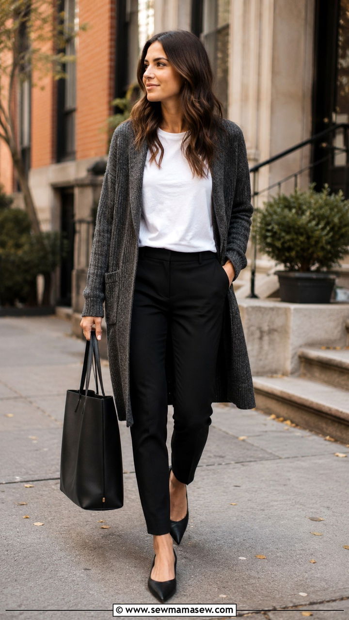 Grey Knit Cardigan with Black Trousers - 30 chic job interview outfits for women