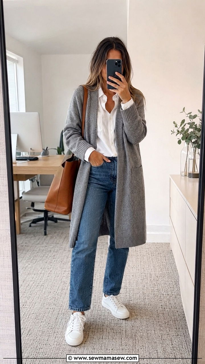 Grey Knit Cardigan with White Shirt and Straight Leg Jeans - 25 Researcher outfit ideas
