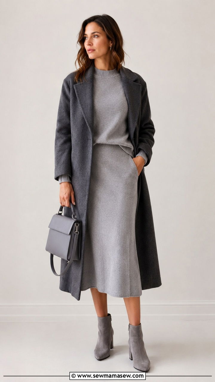 Grey Knit Co Ord With Long Wool Coat - 20 Quiet luxury outfit ideas Max Mara style