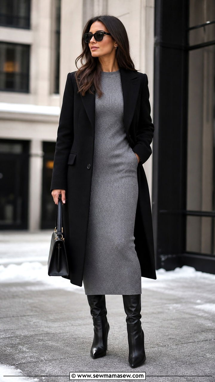 Grey Knit Midi Dress with Longline Blazer - 40 Boss lady outfit ideas