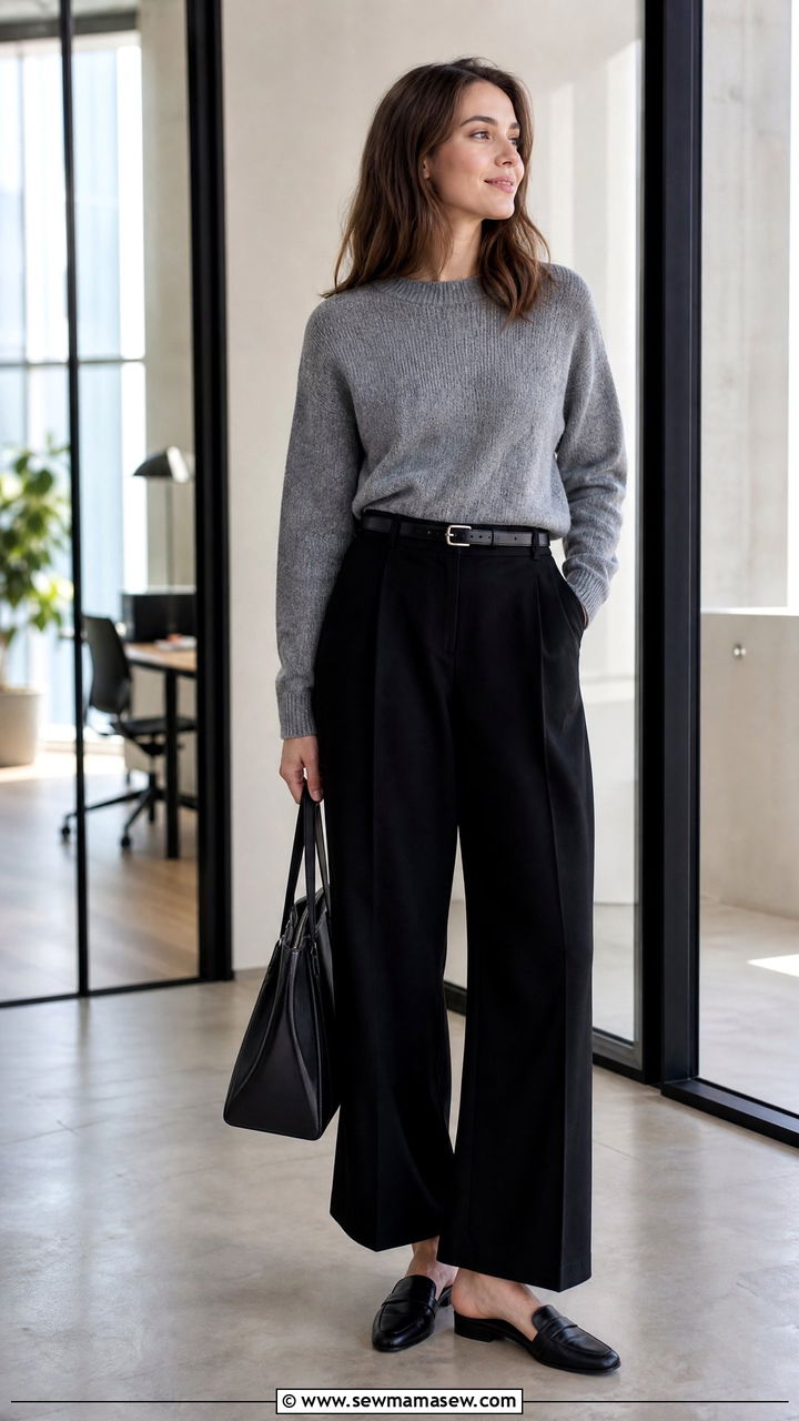Grey Knit Sweater With Black Wide Leg Trousers - 35 Minimalist work outfits