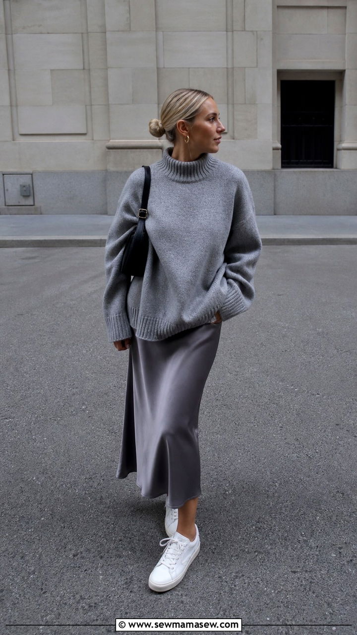 Grey Knit Sweater With Grey Midi Skirt and Sneakers - 40 Korean outfit ideas
