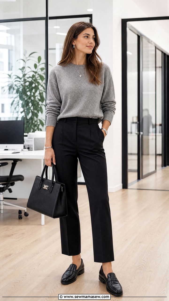 Grey Knit Sweater and Black Tailored Trousers Outfit - 25 classy clean girl outfit ideas